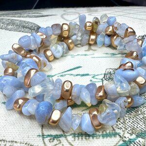 Artisan Dreamy Blue Lace Agate & Moonstone Statement Stretchy Bracelet